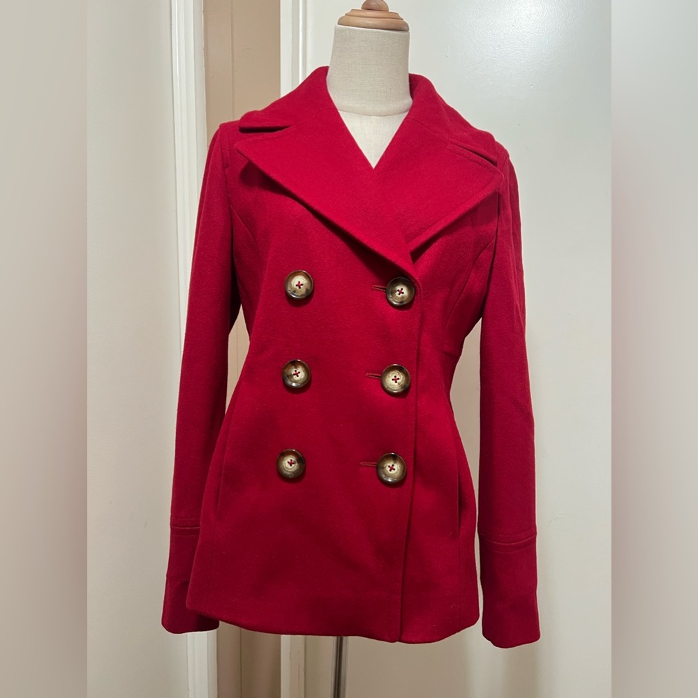 Michael Kors Size S Medium Red Double-Breasted Wool Blend Peacoat Jacket Coat